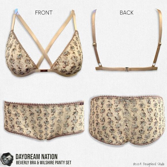 Daydream Nation Other - DAYDREAM NATION BEVERLY BRA & WILSHIRE PANTY SET IN TAN DAINTY FLORAL MESH LACE